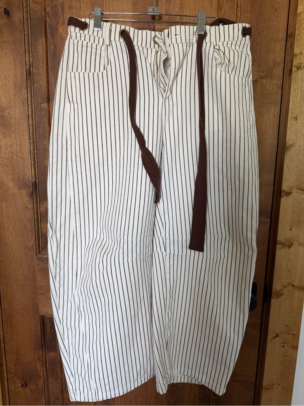 Peach Love California Cream Wide-Leg Pinstripe Jeans with Brown Drawcord